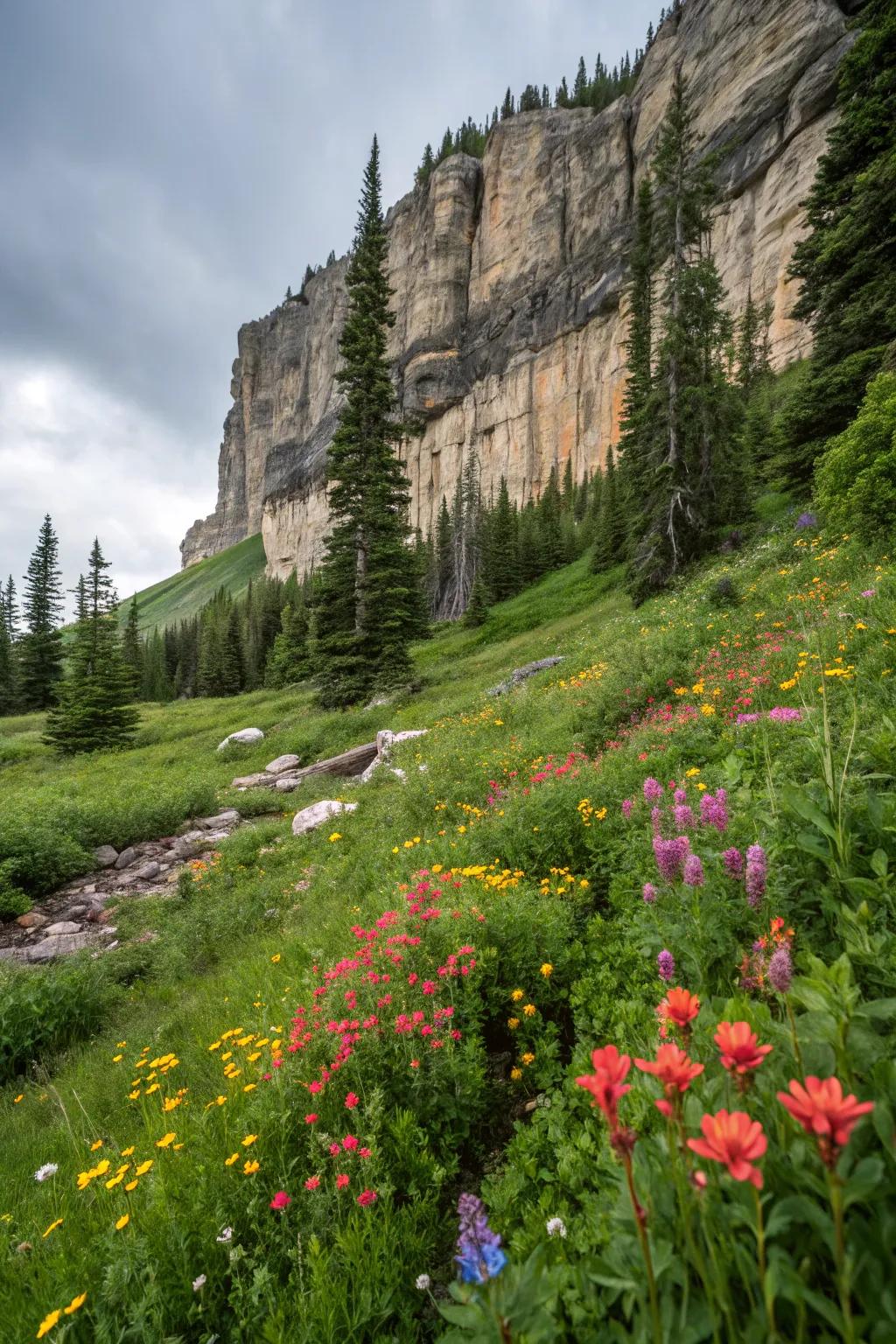 A wildflower meadow brings vibrant life to rock wall gardens.