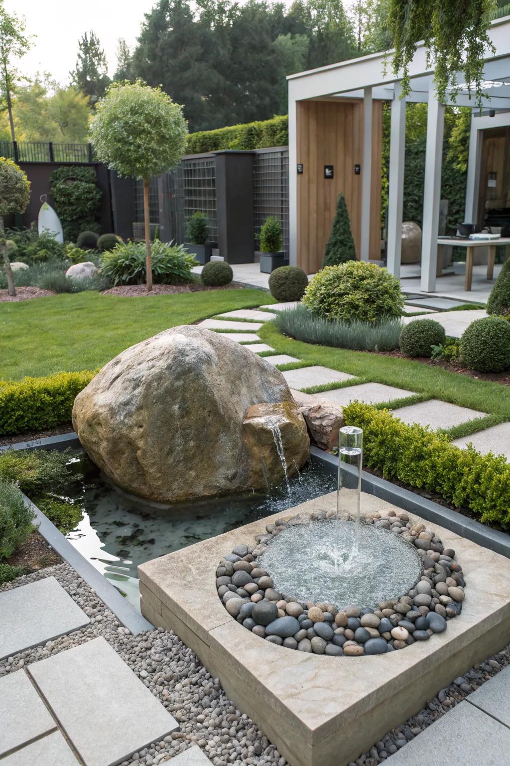 Rock and glass elements offer a contemporary garden look.