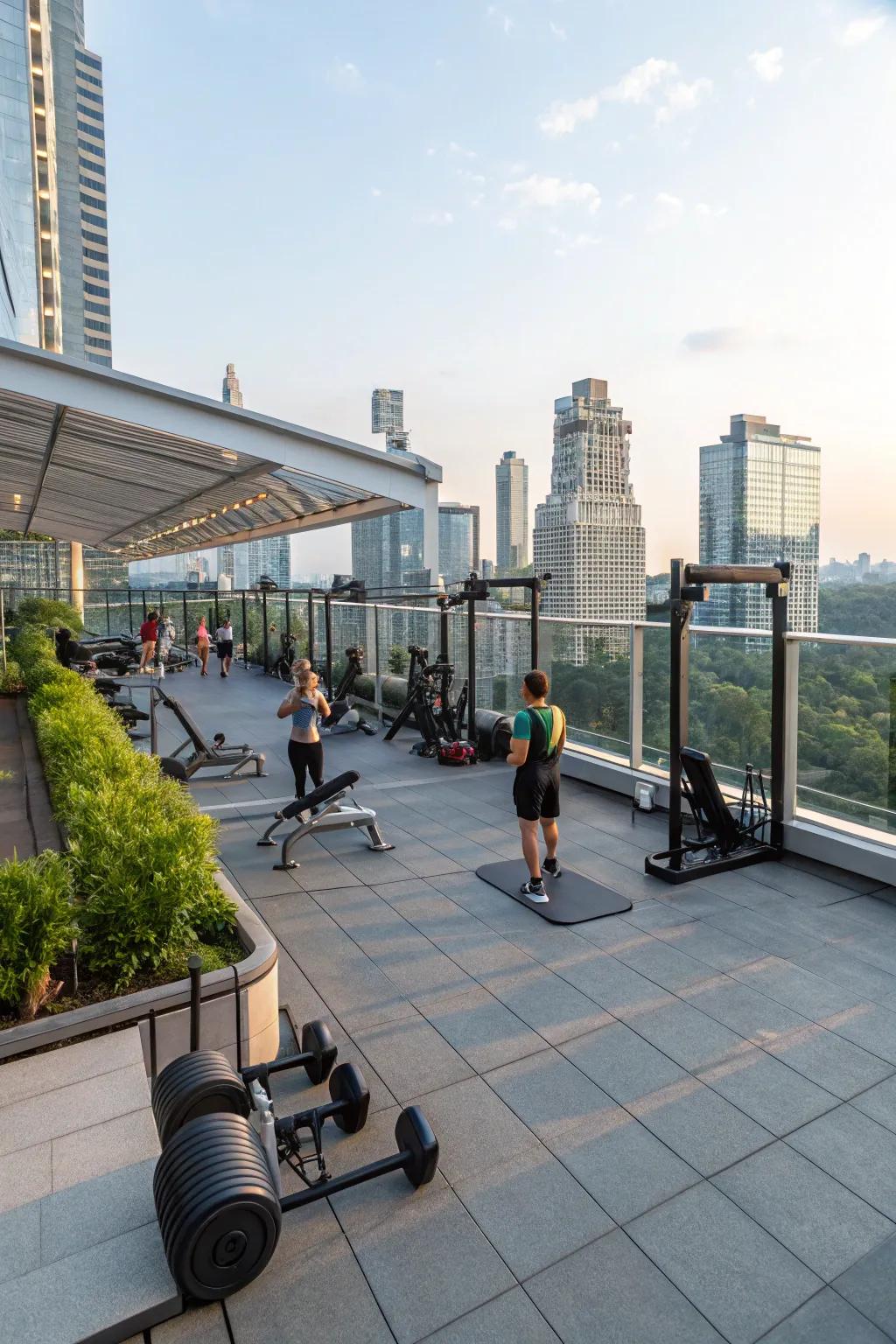 A rooftop gym offering a unique workout experience with a view.
