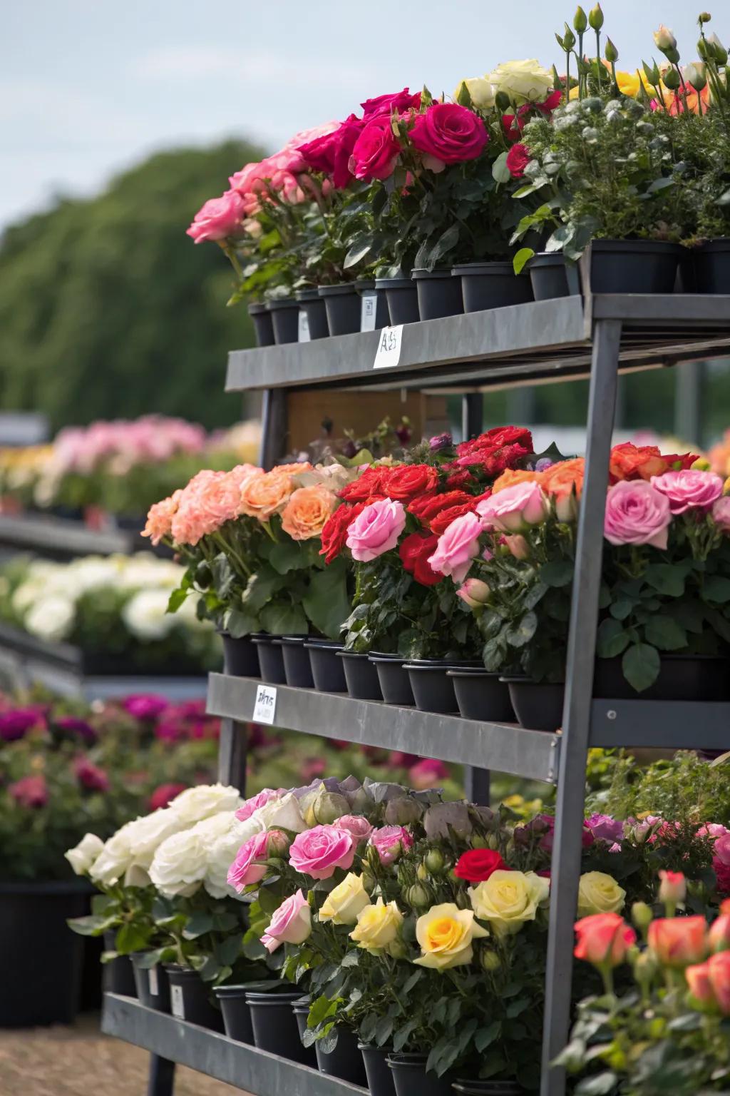 Tiered stands showcasing a colorful rose bouquet.