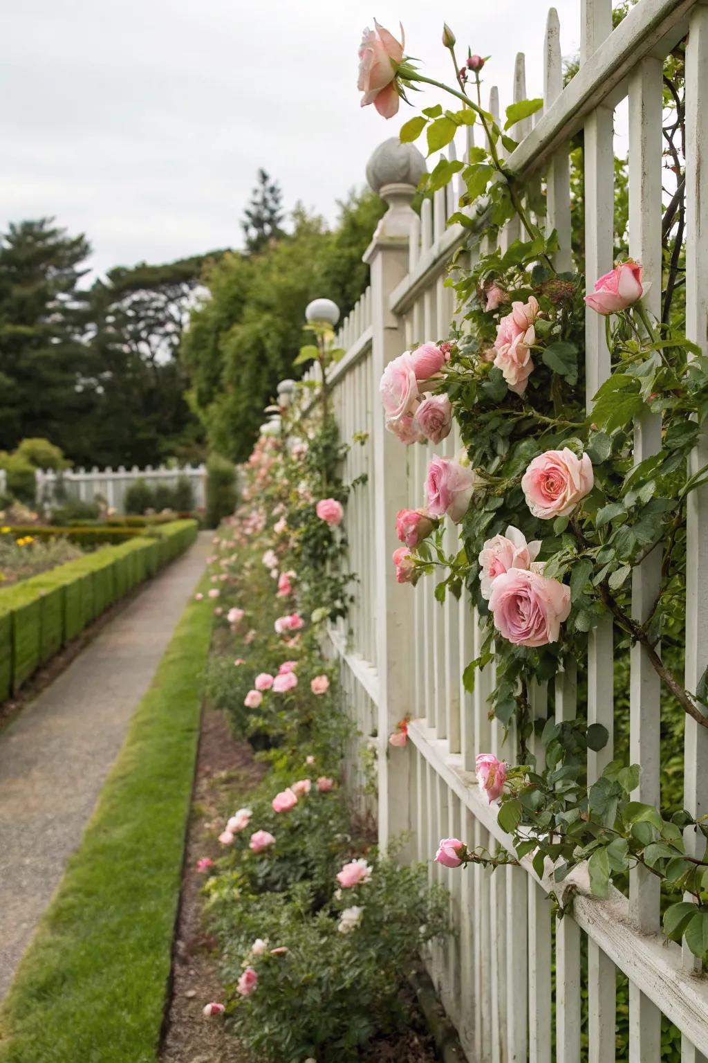 Roses on a fence enhance garden boundaries with natural elegance.