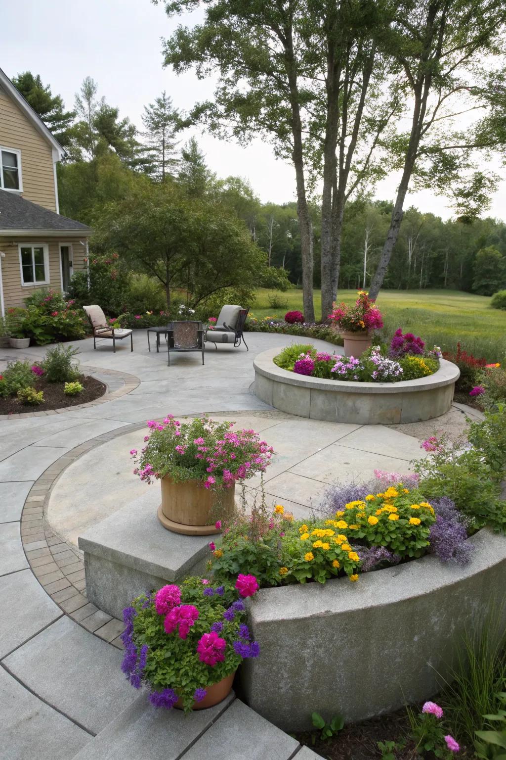 Integrated planters add color and functionality to the patio.