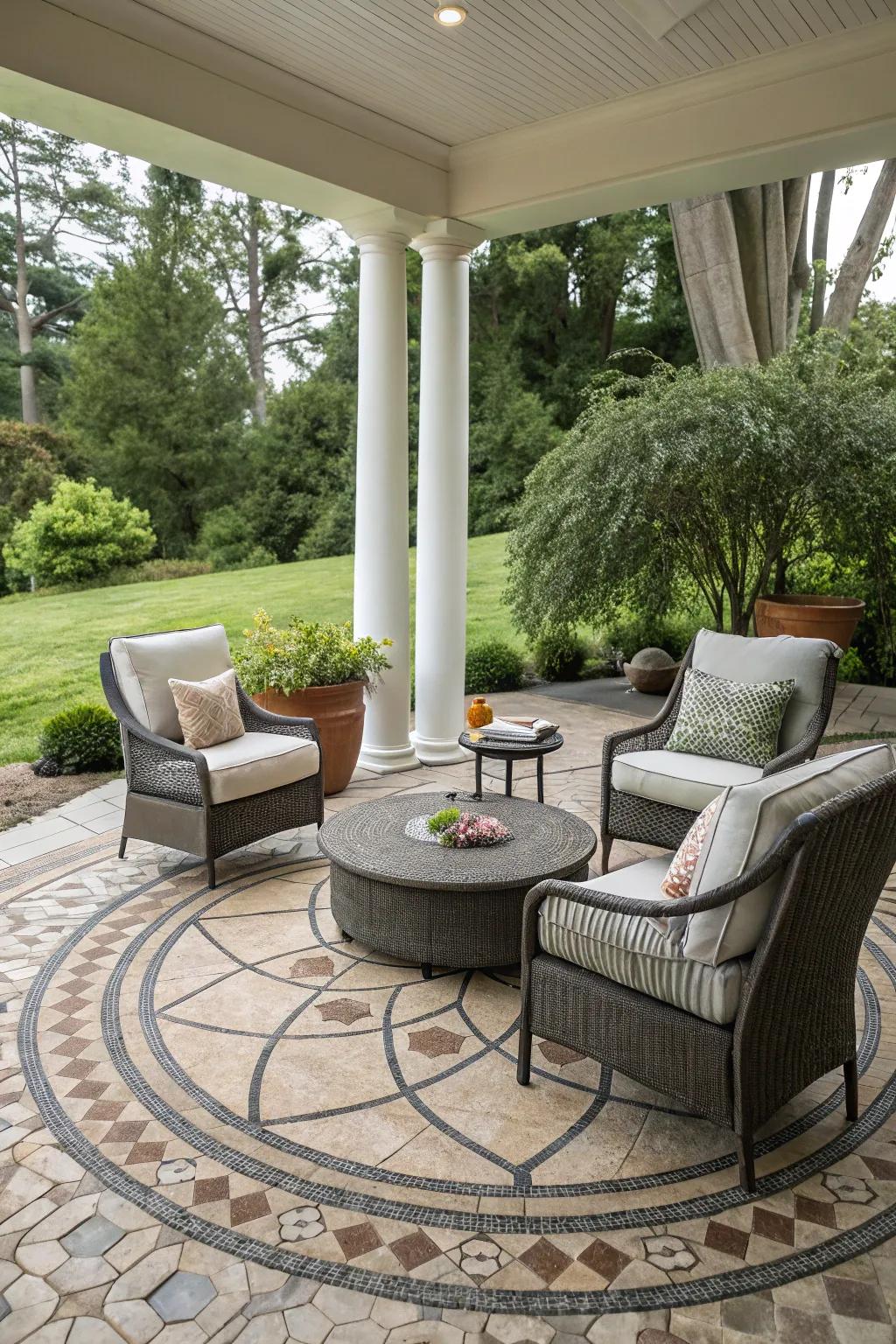 A round patio with a tiled floor, adding sophistication and style.