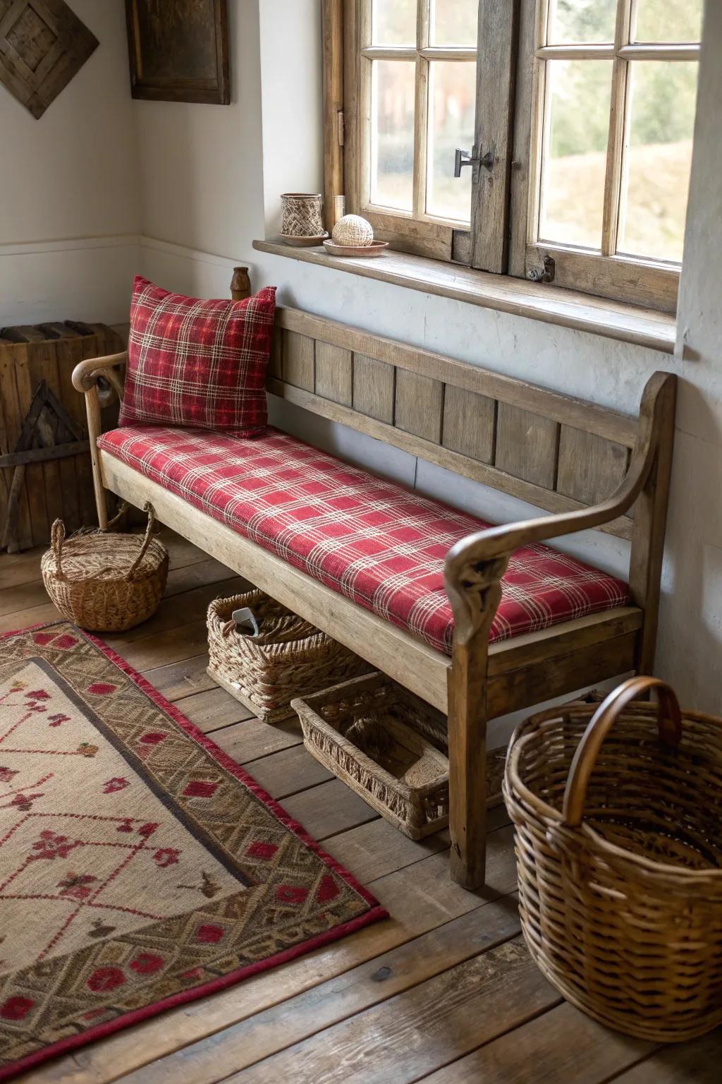 Add country flair with plaid upholstery on your rustic bench.