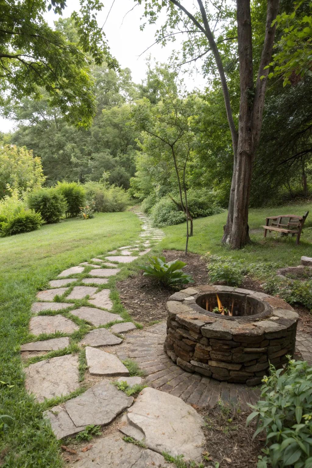 A natural stone pathway enhances the rustic appeal of a fire pit area.