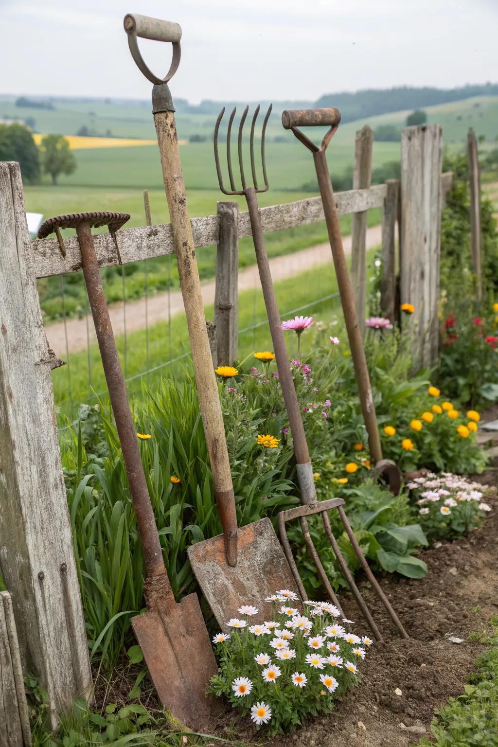 Vintage farm tools add authenticity to this rustic flower bed.