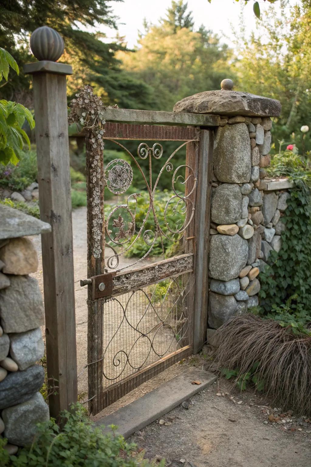 A garden gate with unexpected materials like metal mesh and stone.