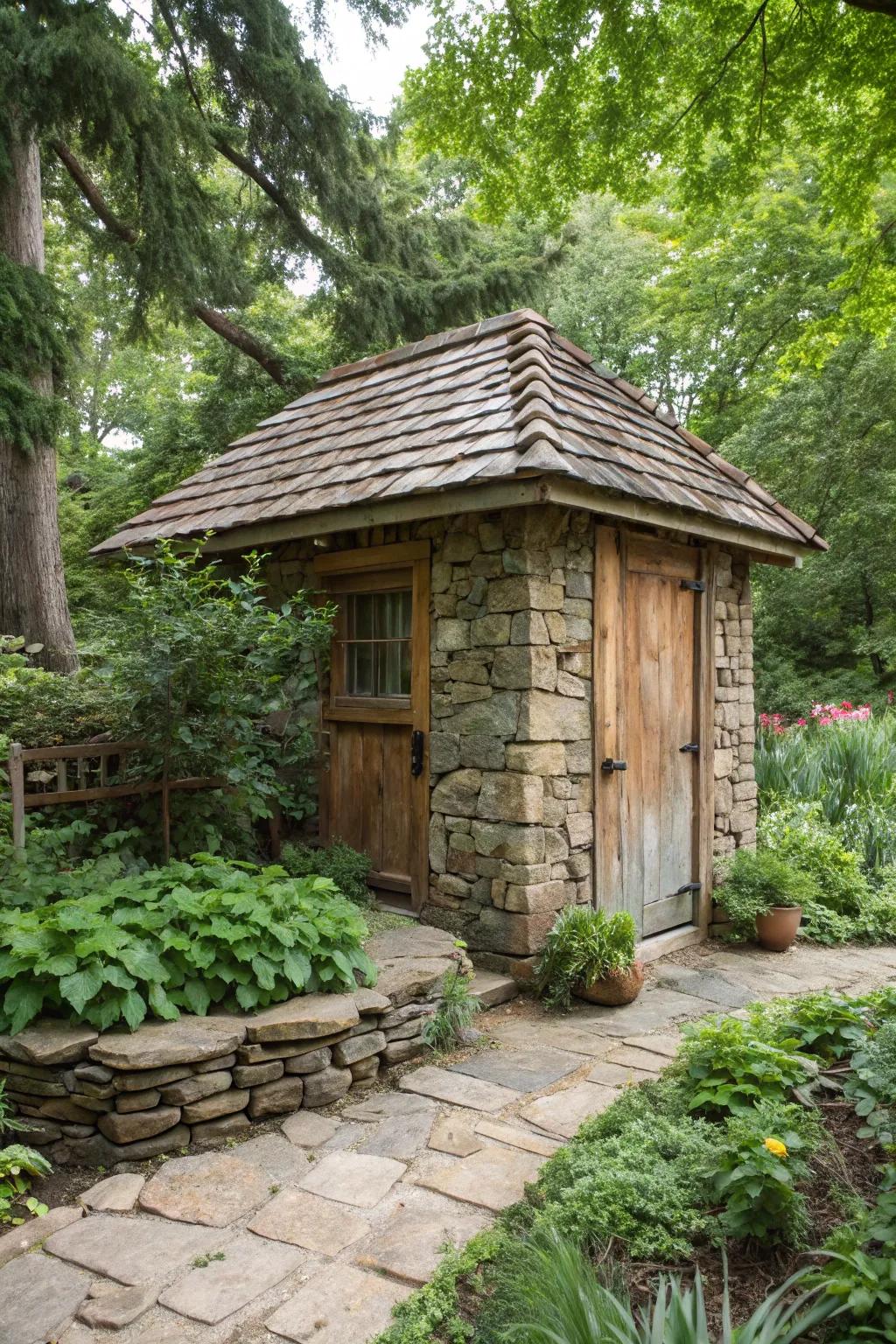 The stone foundation adds rustic stability to this garden shed.