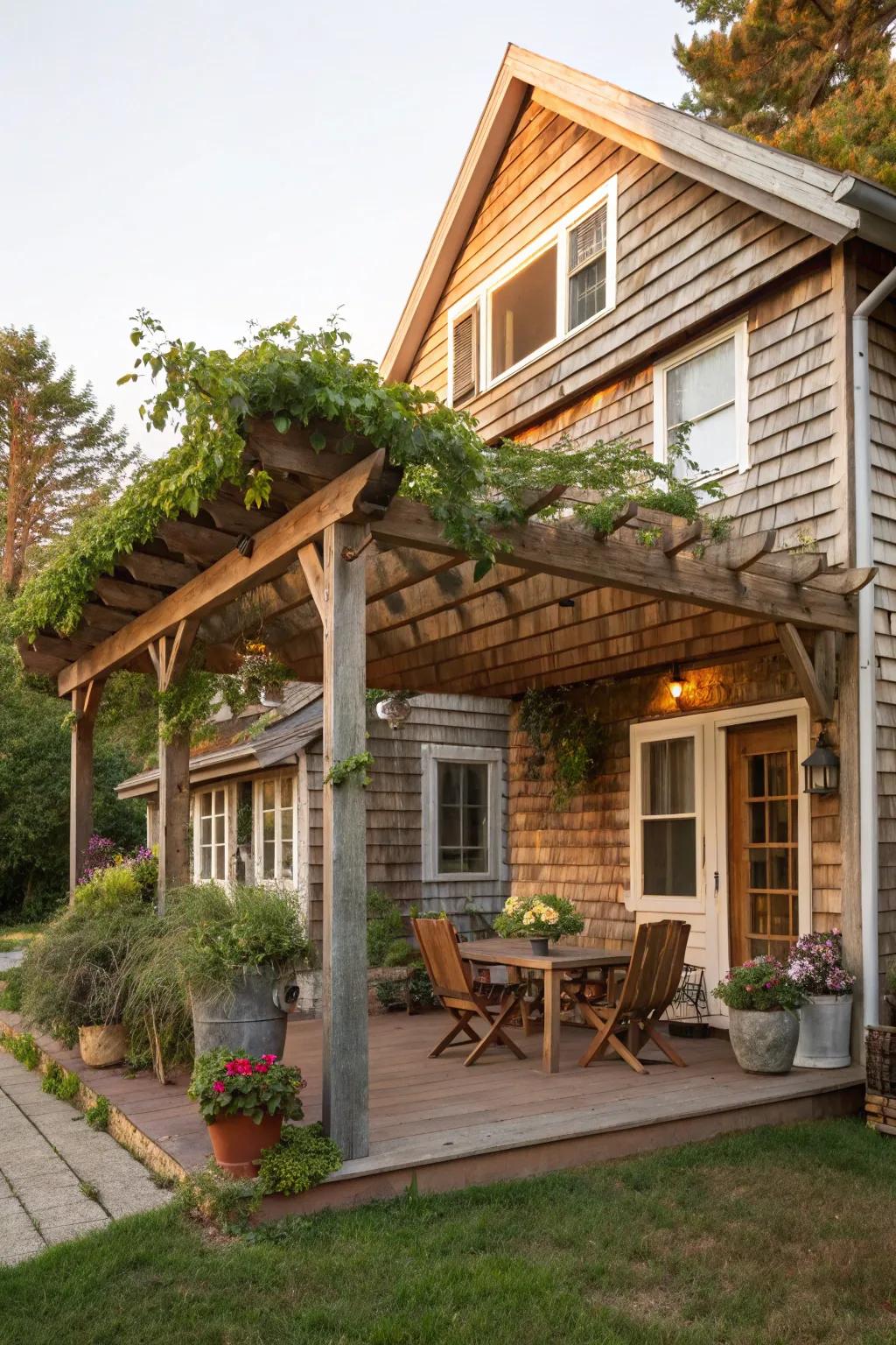 A pergola provides shade and a stylish outdoor nook