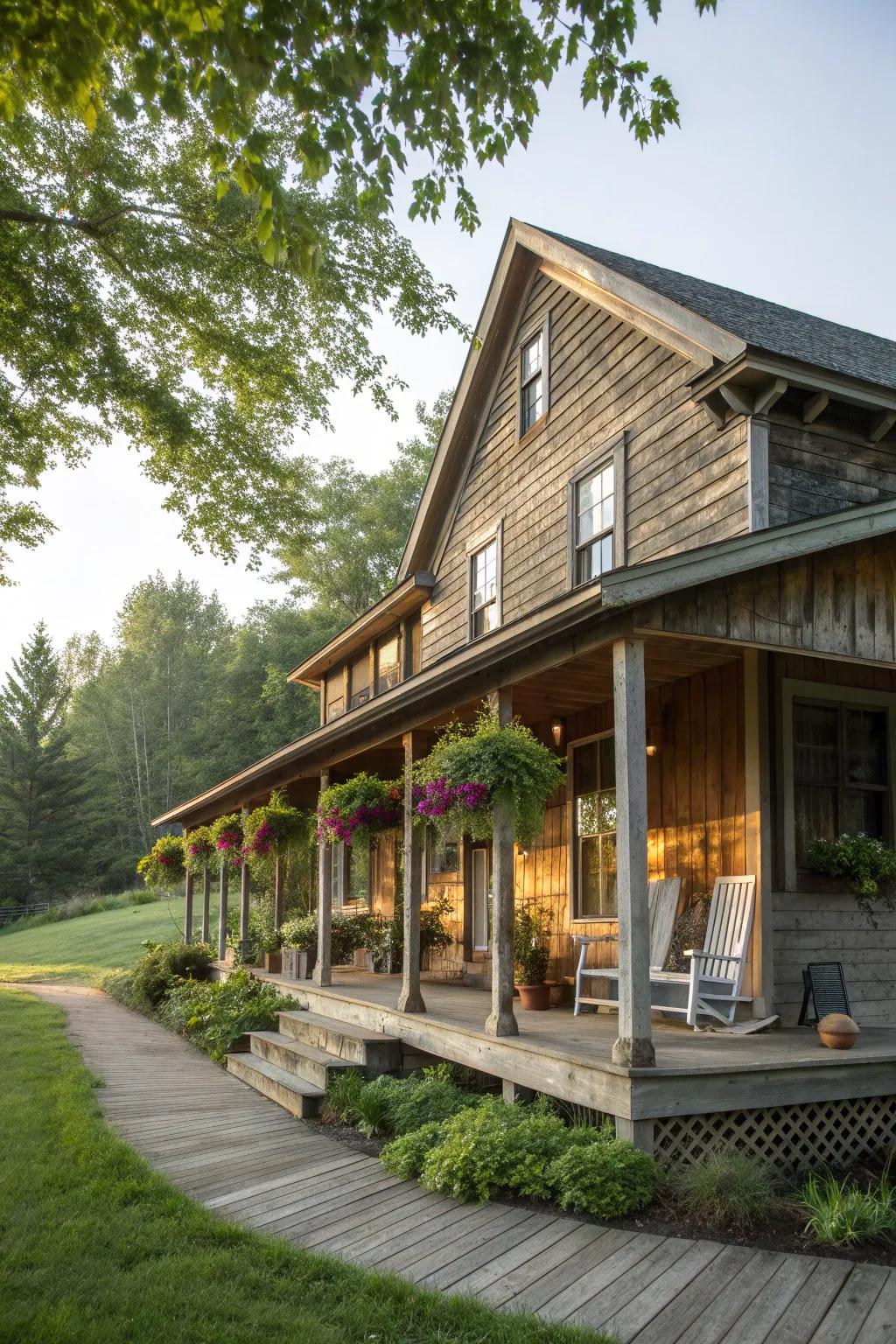 A wraparound porch enhances the welcoming feel of rustic homes.