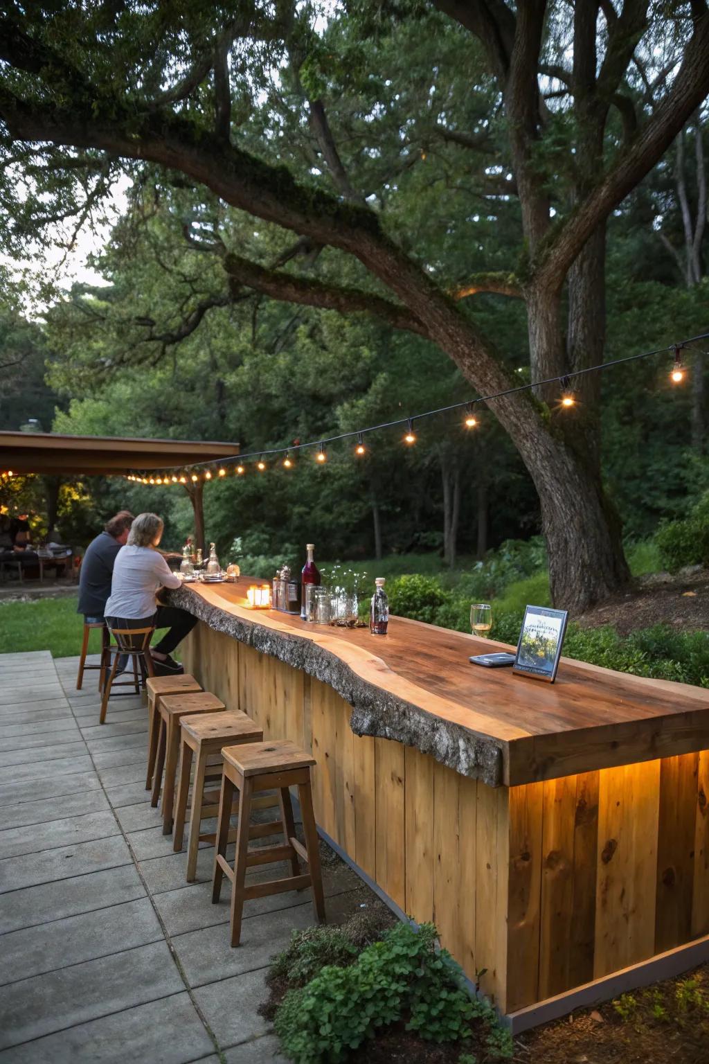 A stunning live-edge wood countertop adds natural beauty to this bar.