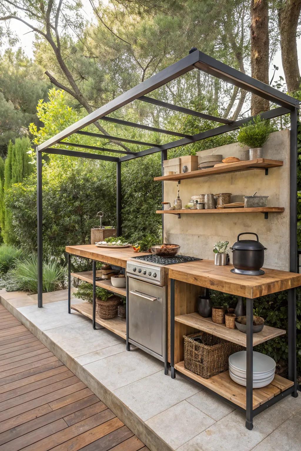 Industrial elements add a modern edge to the rustic design.