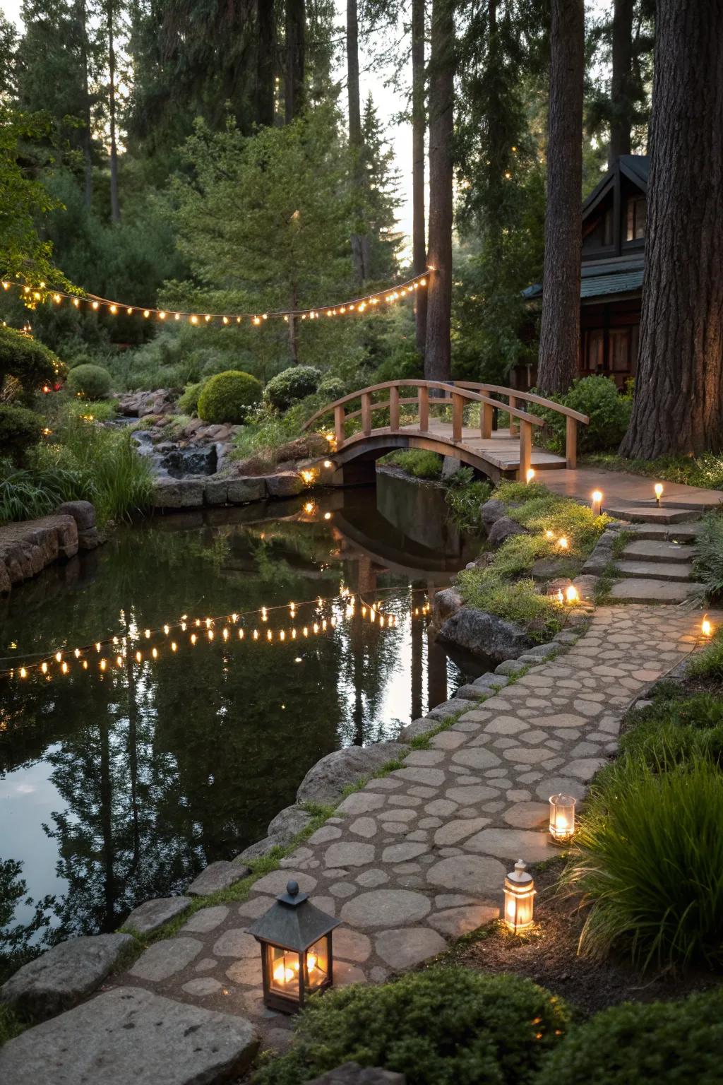 Reflective pond lighting creating a tranquil evening atmosphere.