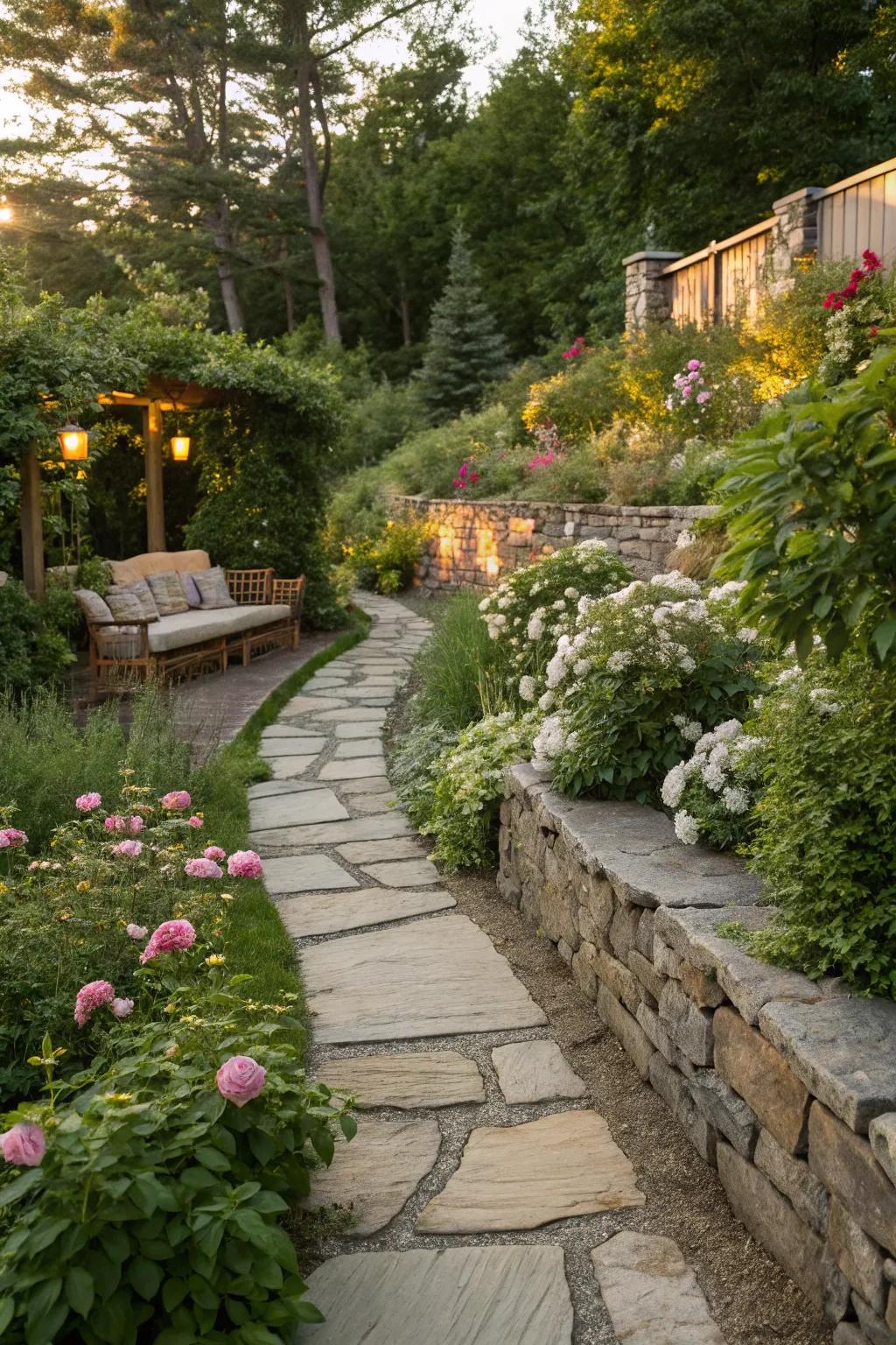 Charming garden strolls with rustic pathways.