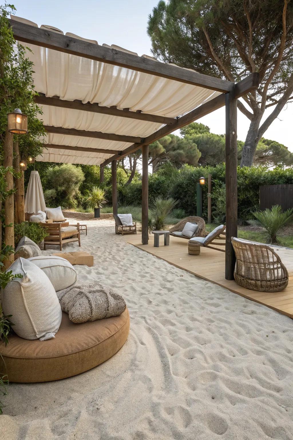 Relax under a pergola with a sandy foundation.