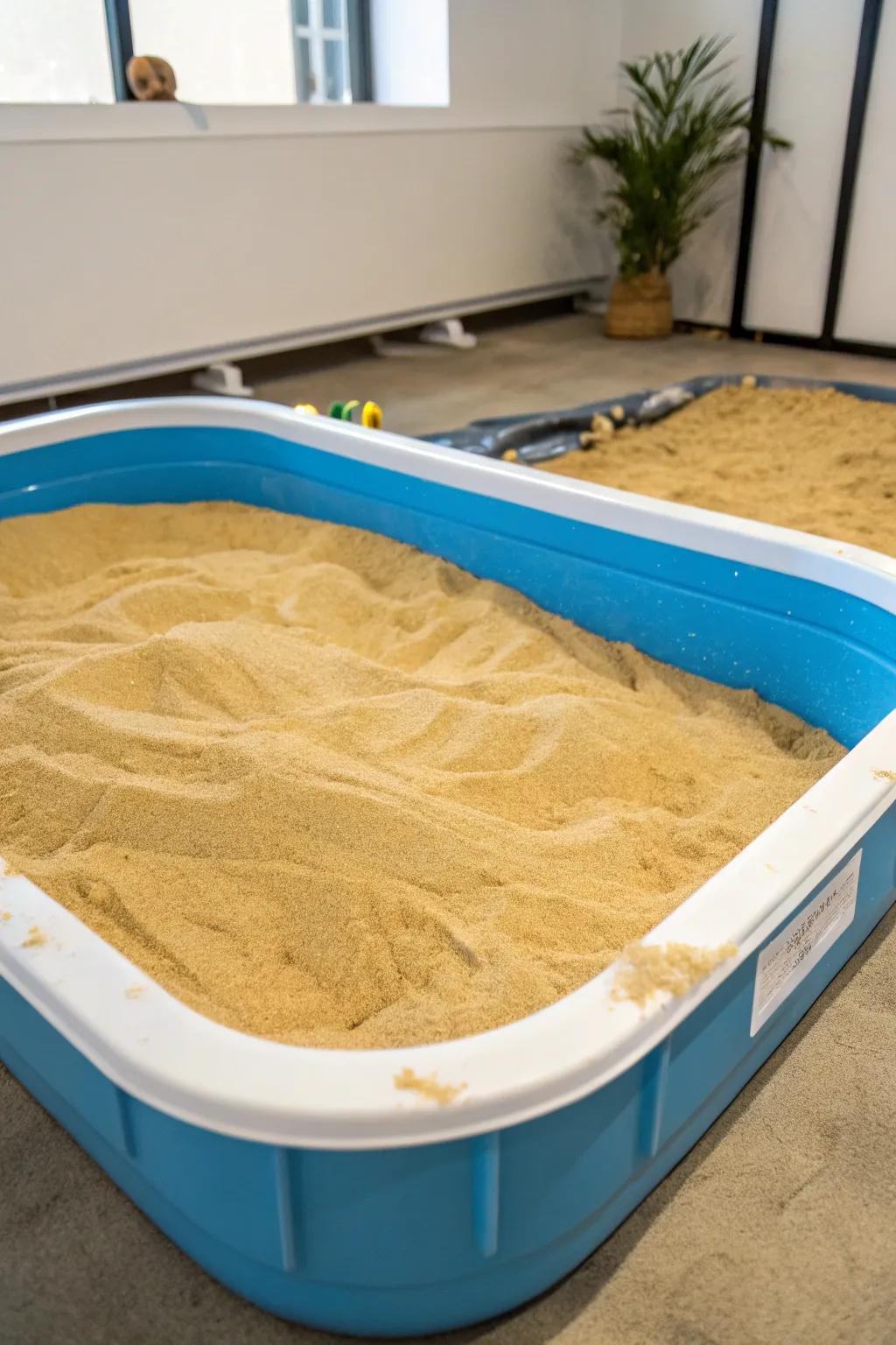 A portable sand pit setup, perfect for flexible play.