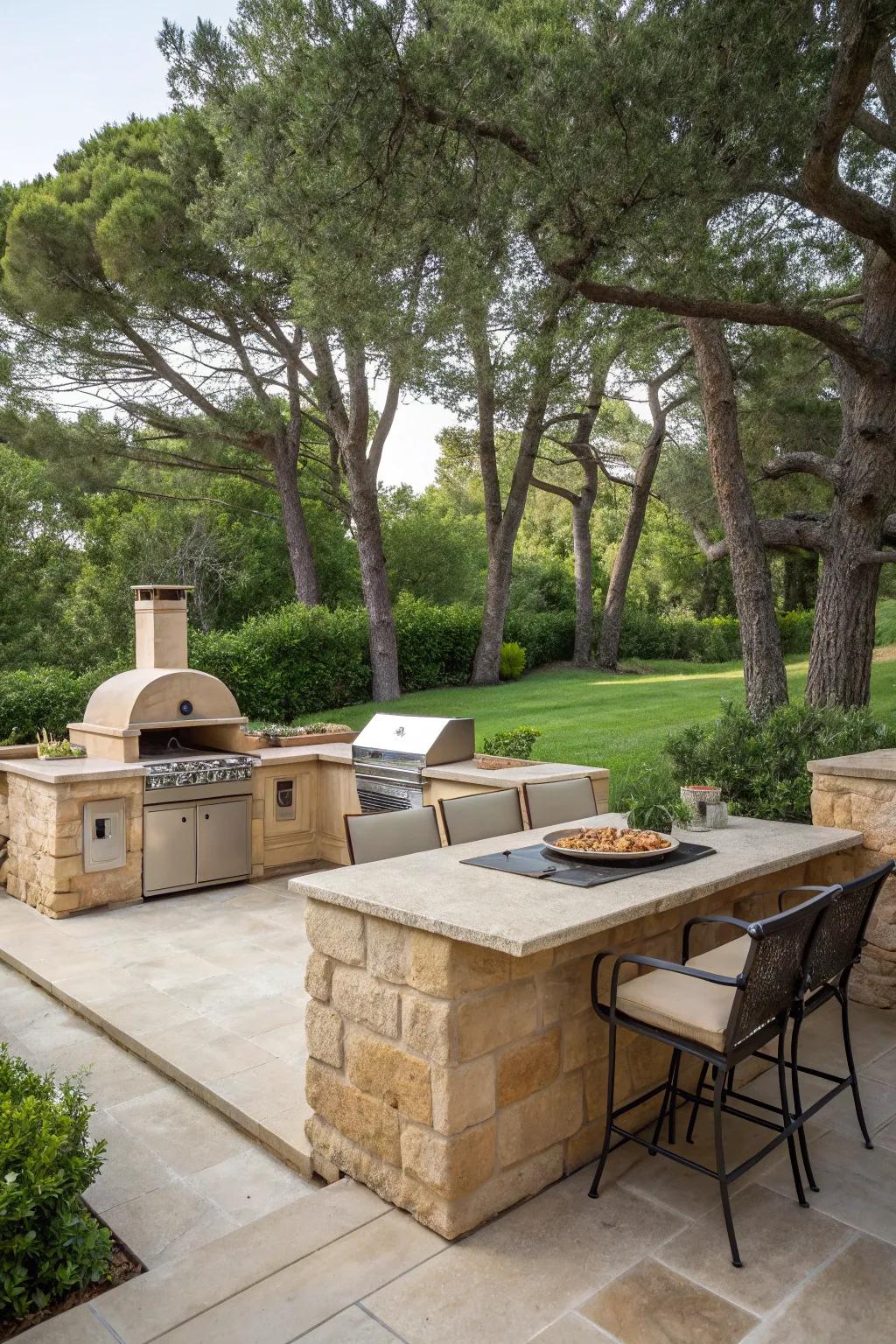 An elegant sandstone-clad outdoor kitchen.
