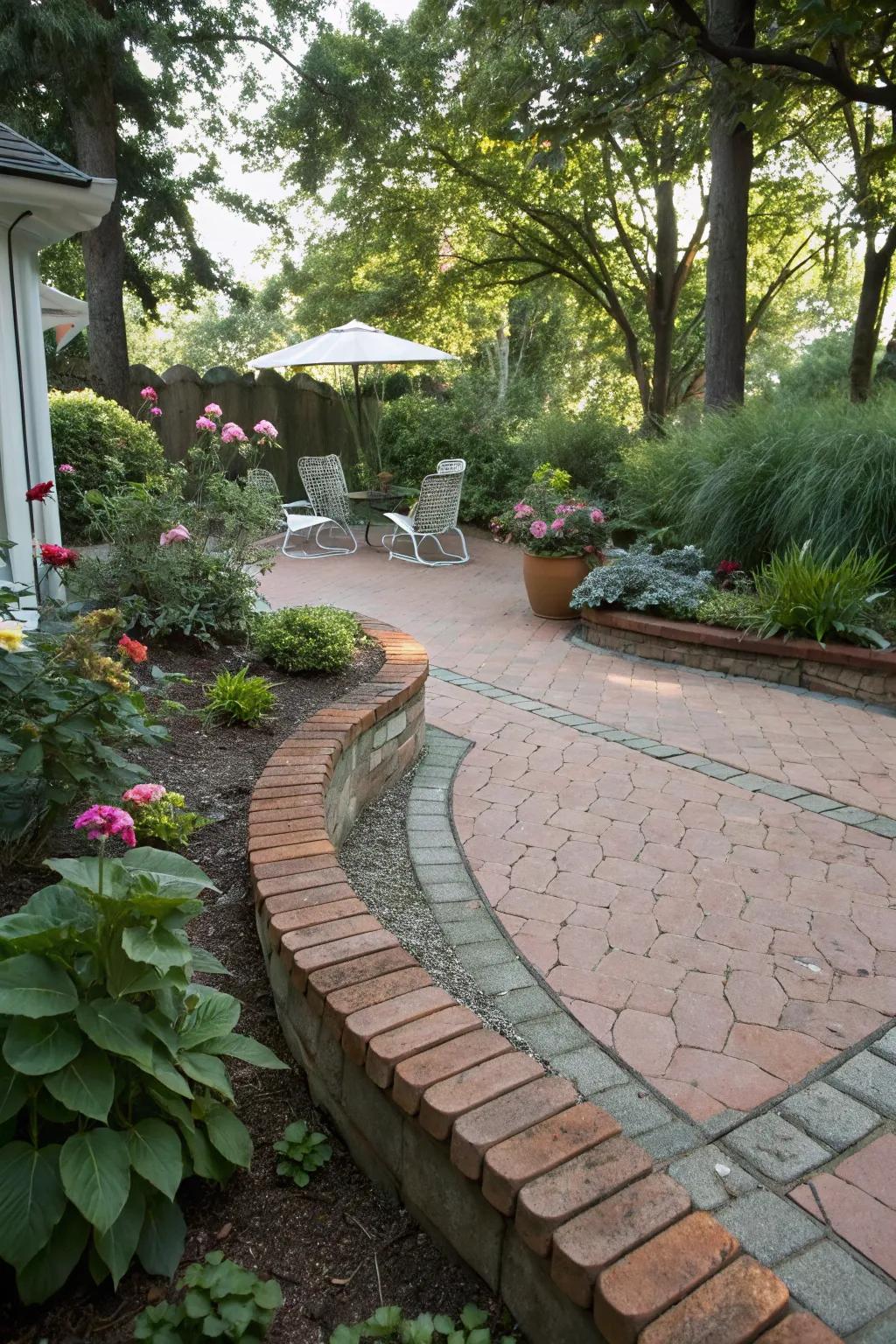 Patio neatly defined by scalloped brick edging.