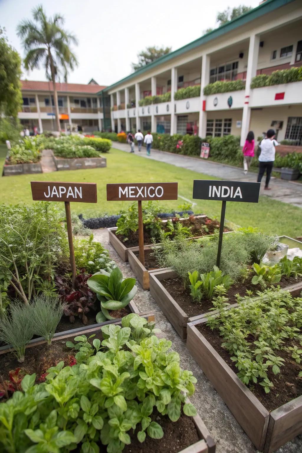 A cultural heritage garden, featuring plants from diverse cultures, celebrating the school community's diversity.