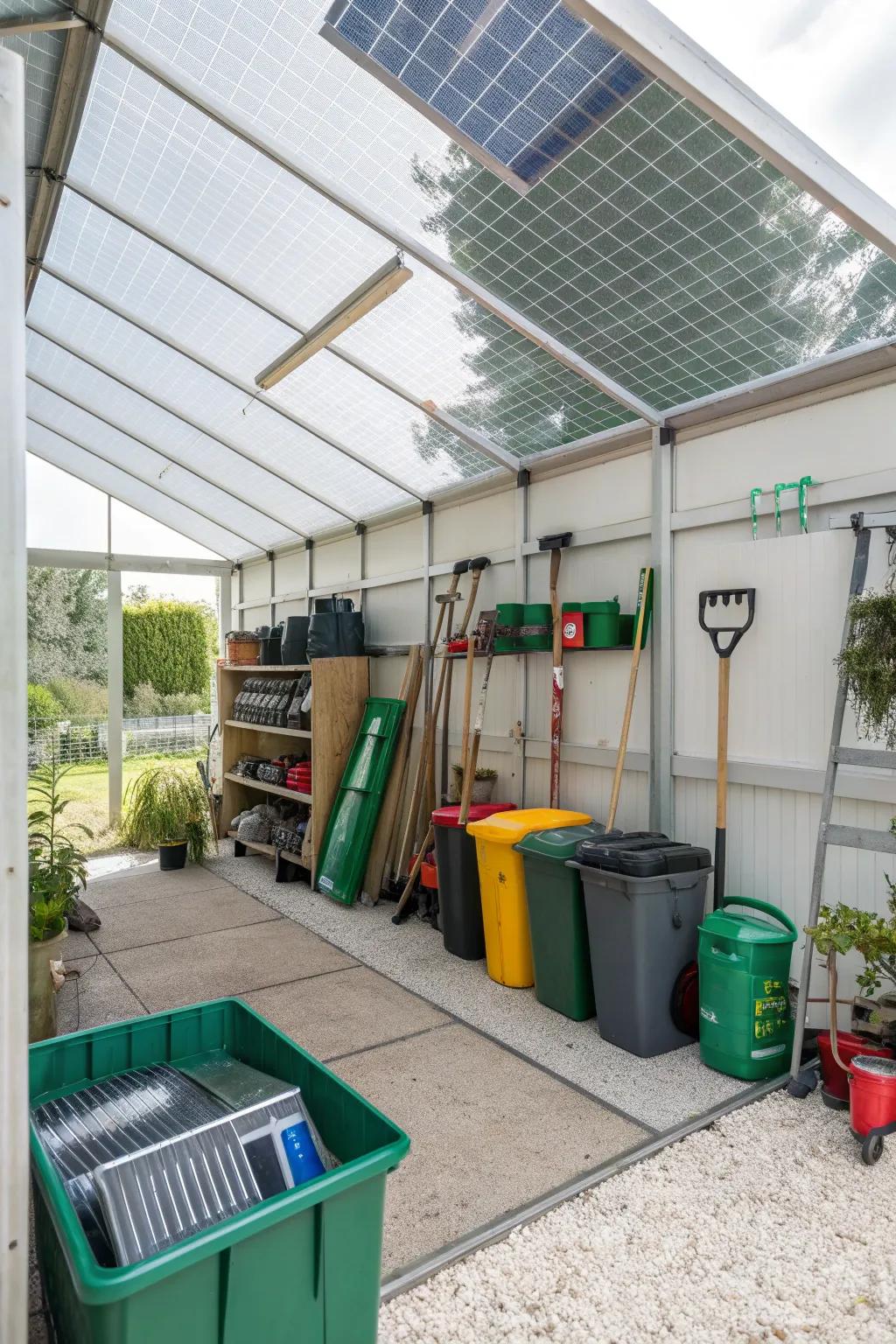 A dedicated space for green projects in a screened carport.
