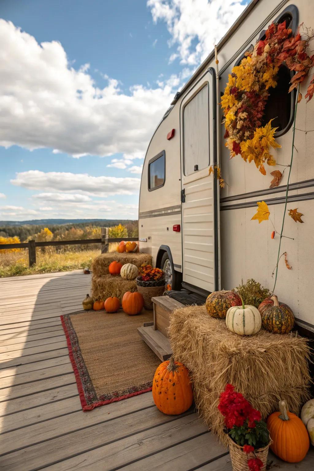 A camper deck adorned with seasonal fall decorations.