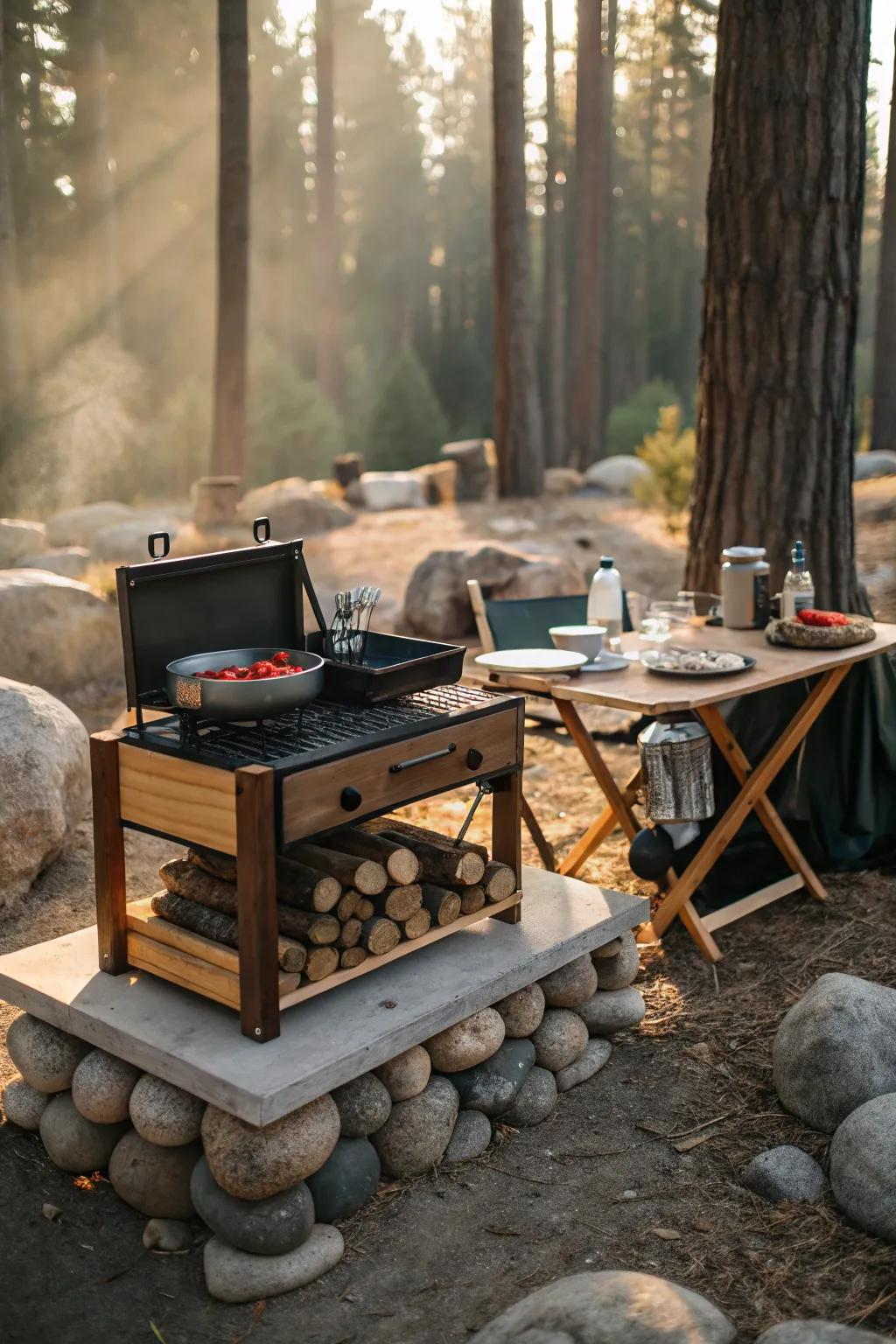 A well-organized cooking area at the campsite.