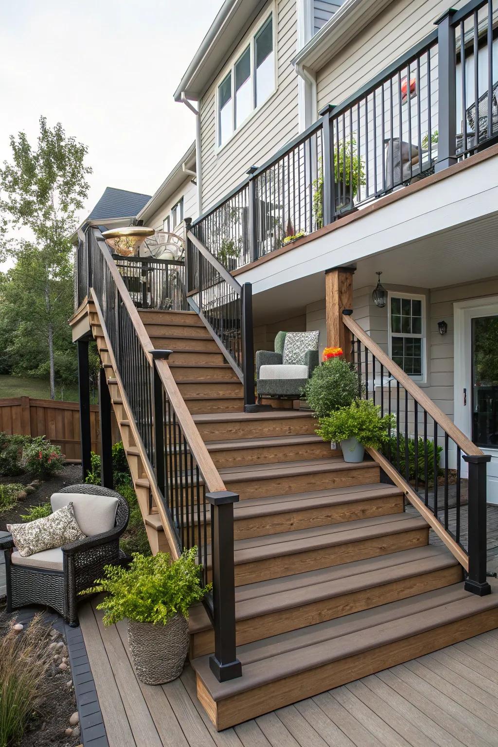 A second-story deck with simple, classic straight stairs.