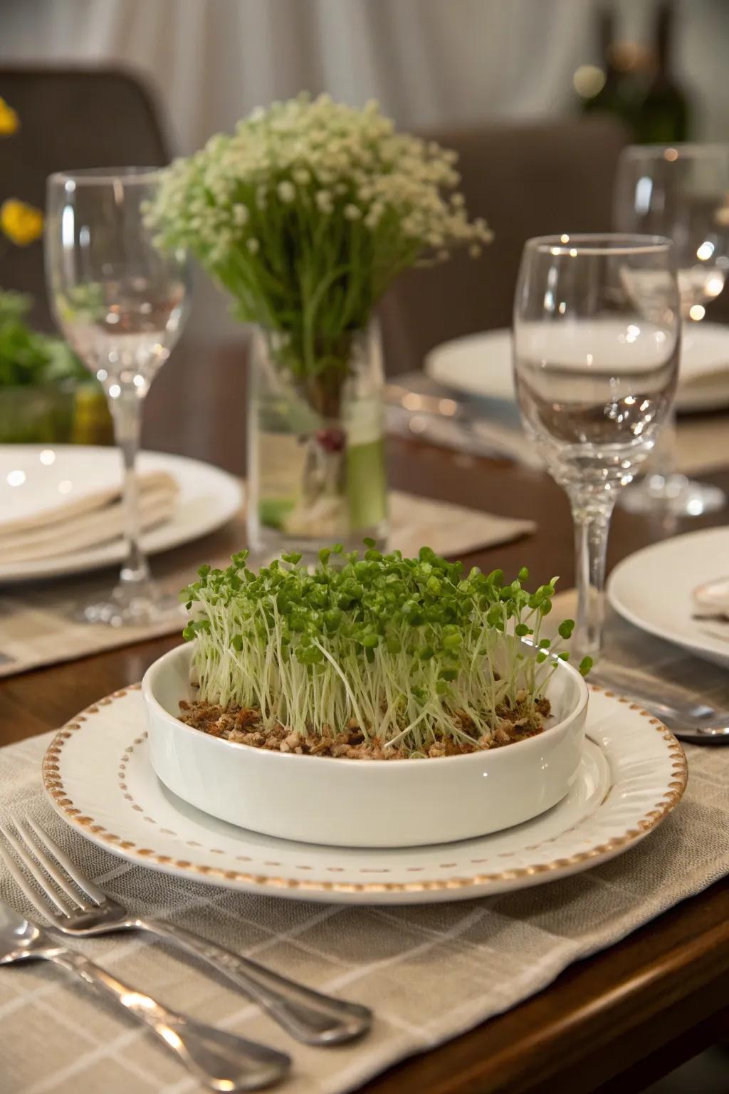 A sprouting seed centerpiece that brings a fresh touch to any dining setting.