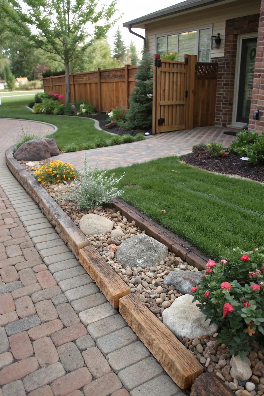 Mixed materials creating a unique and textured property line.