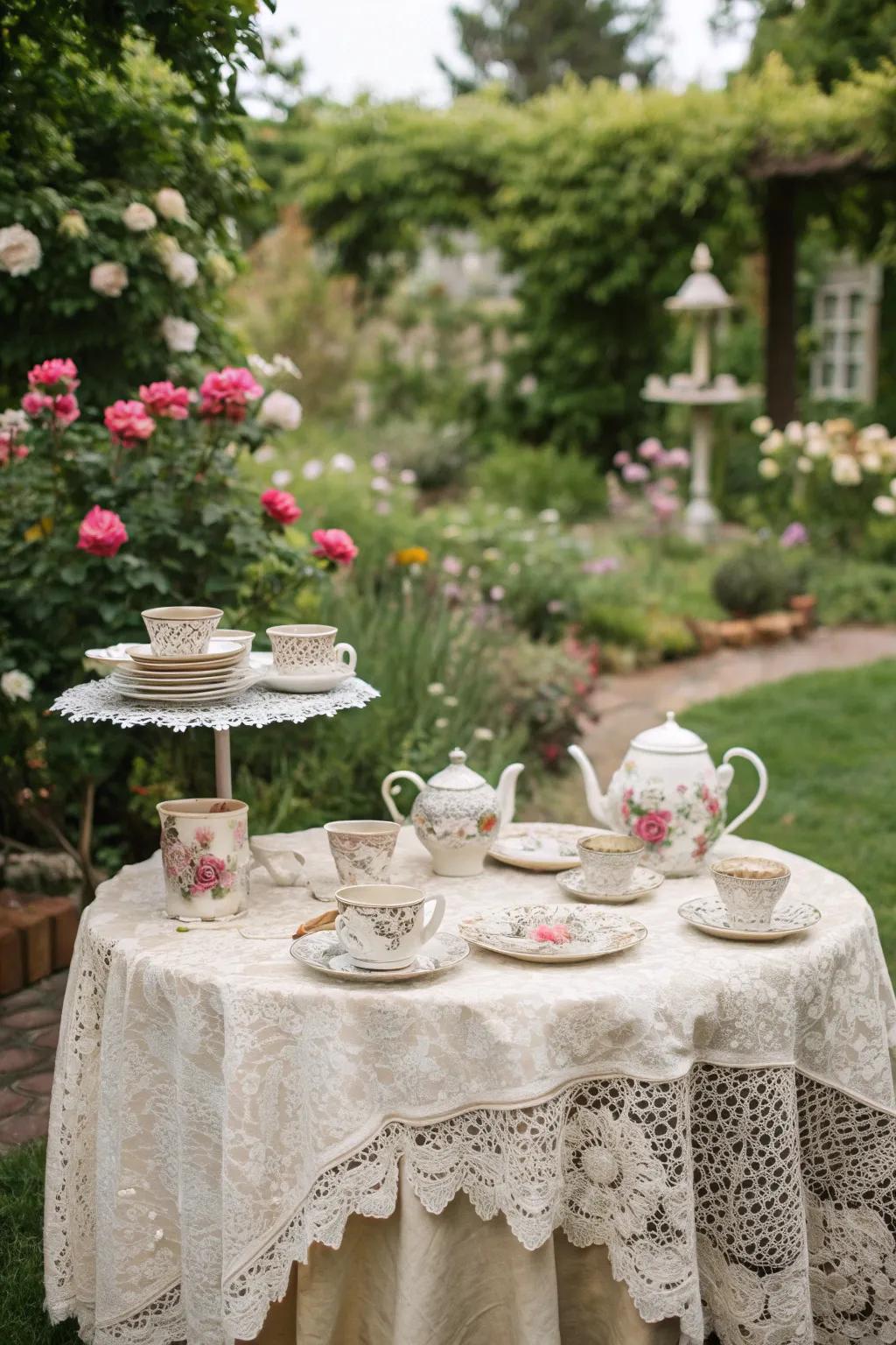 A vintage tea party setup invites friends to enjoy your garden.