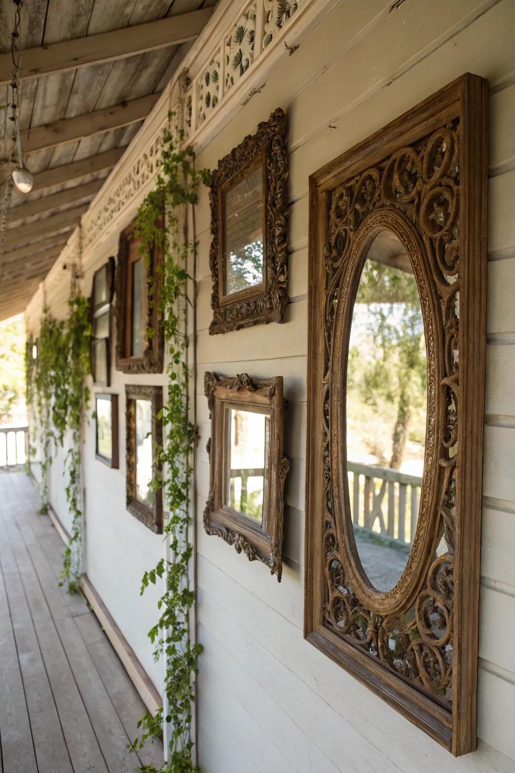 Antique mirrors enhance light and space on a shabby chic porch.
