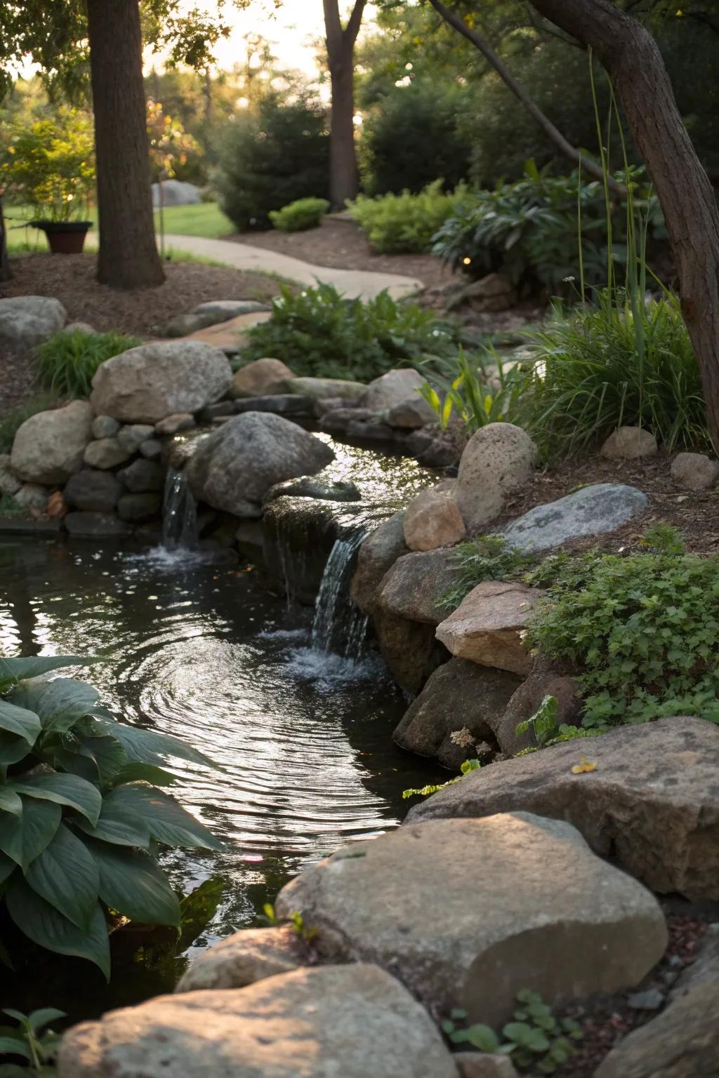 A water feature adds tranquility and charm.