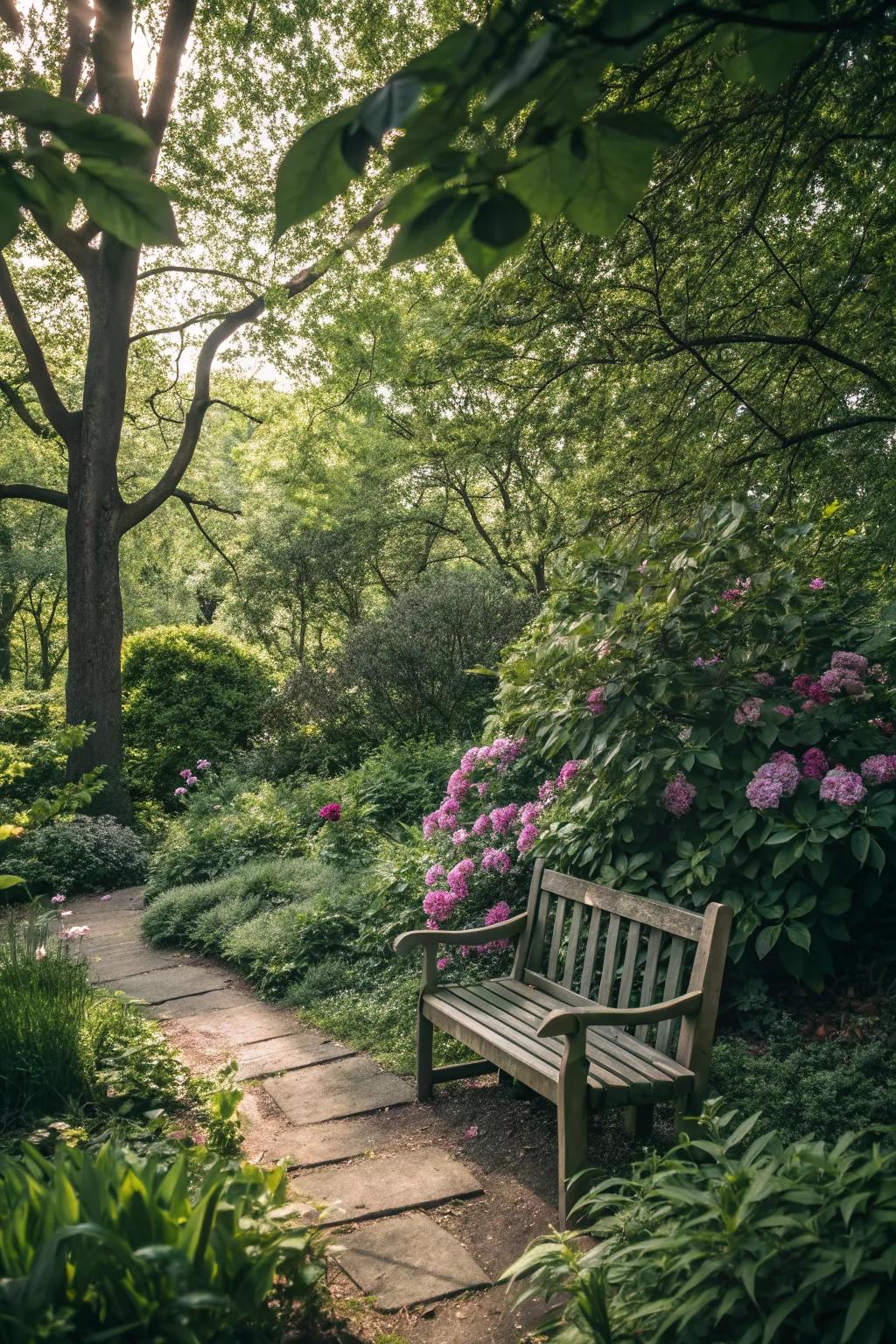 A bench invites you to pause and enjoy the garden.