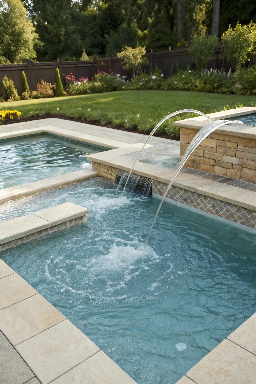 A shallow pool with an inviting spa corner for relaxation.