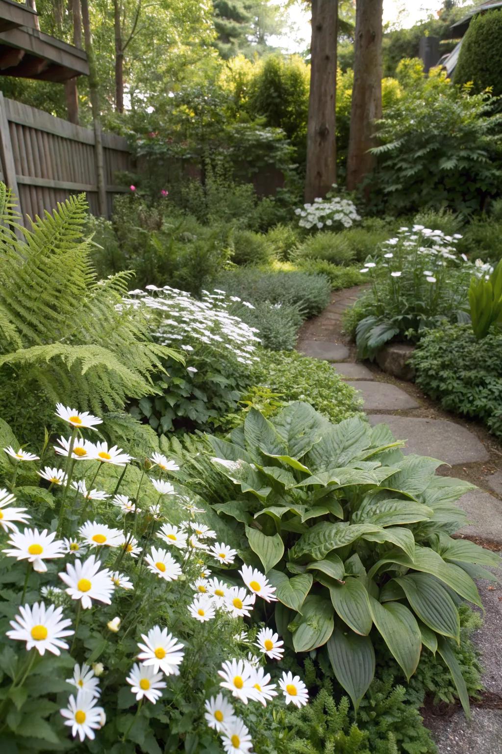 Brightening the shade: Shasta daisies paired with shade-loving plants.