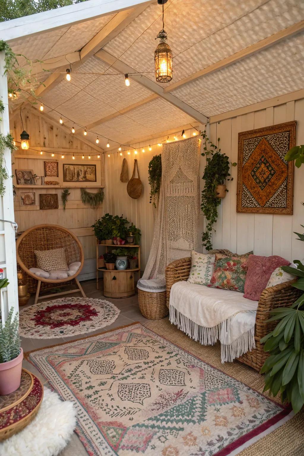 A she shed with a natural woven texture ceiling.