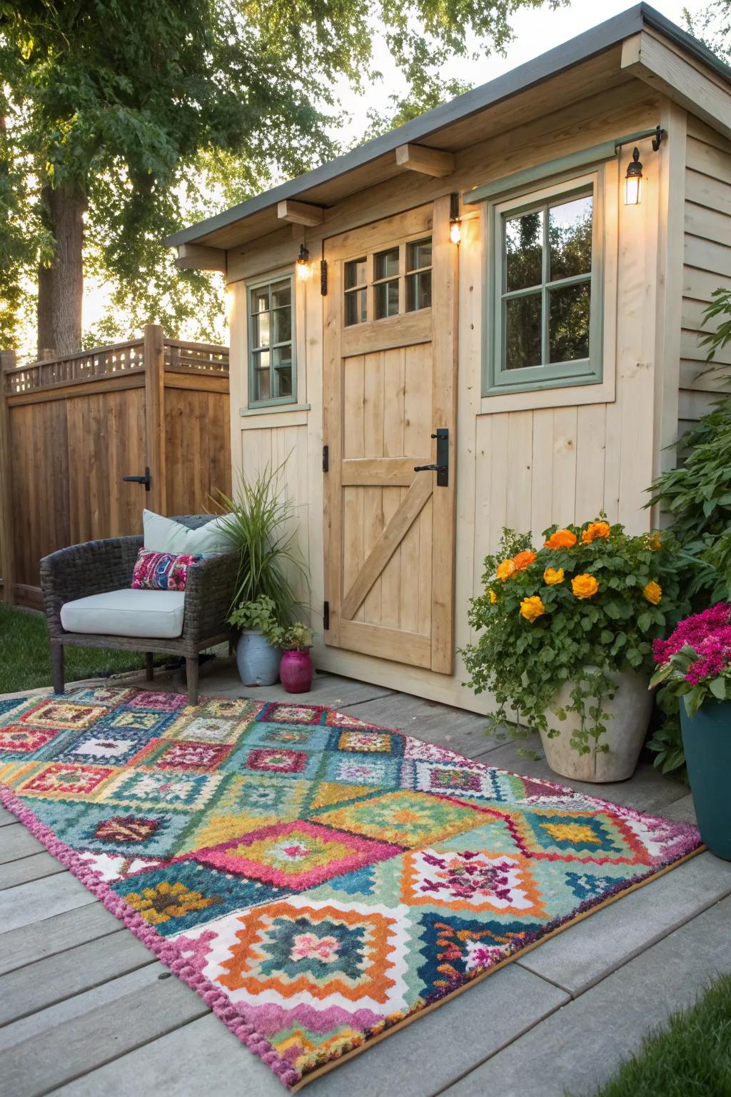 Outdoor rugs add color and define spaces, enhancing your she shed's comfort.
