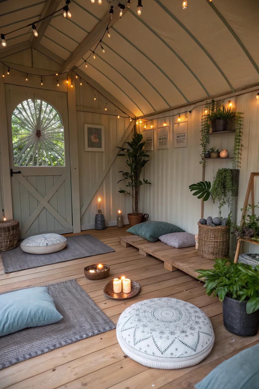 A tranquil meditation area in a shed cabin