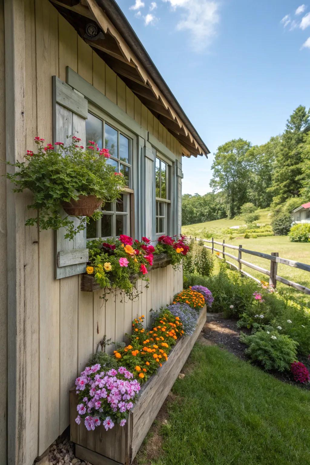 Window boxes that bring a splash of color to your shed.