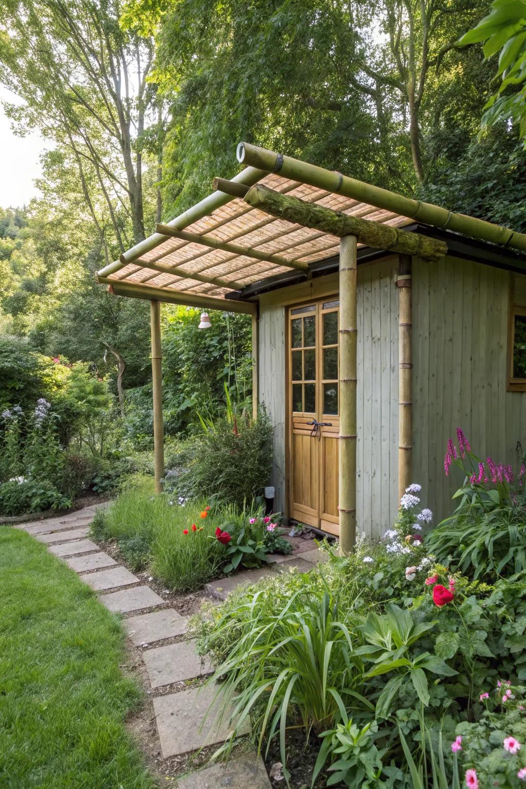 An eco-friendly bamboo overhang that embraces sustainable garden design.