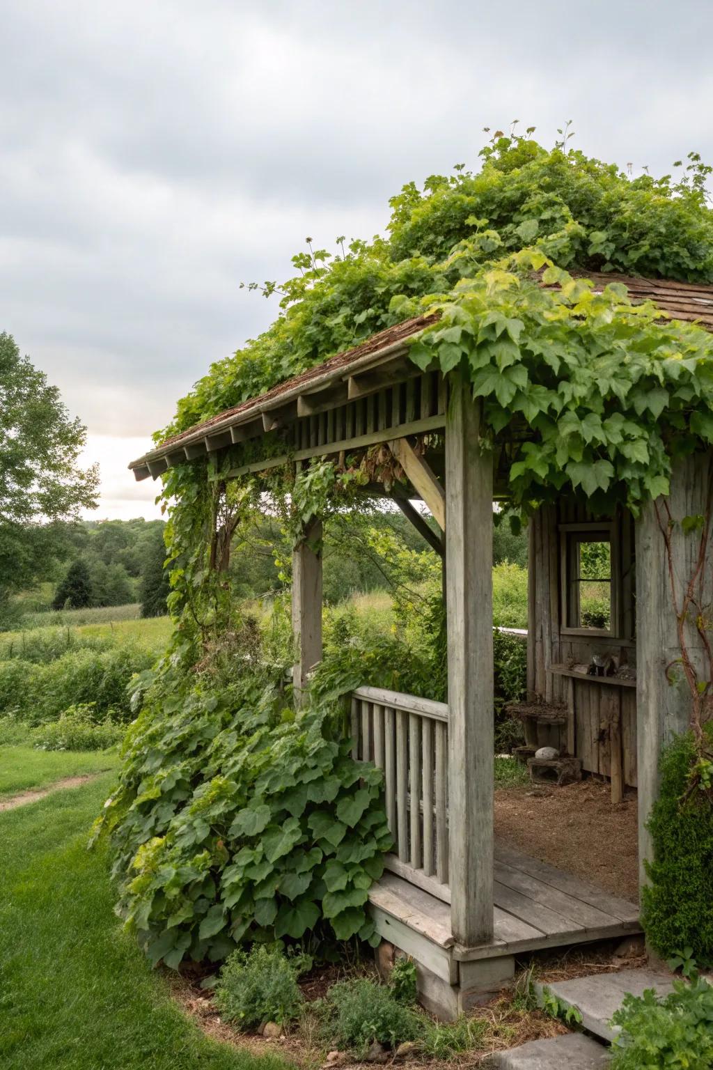 Shed with a leafy canopy porch roof covered in climbing vines.