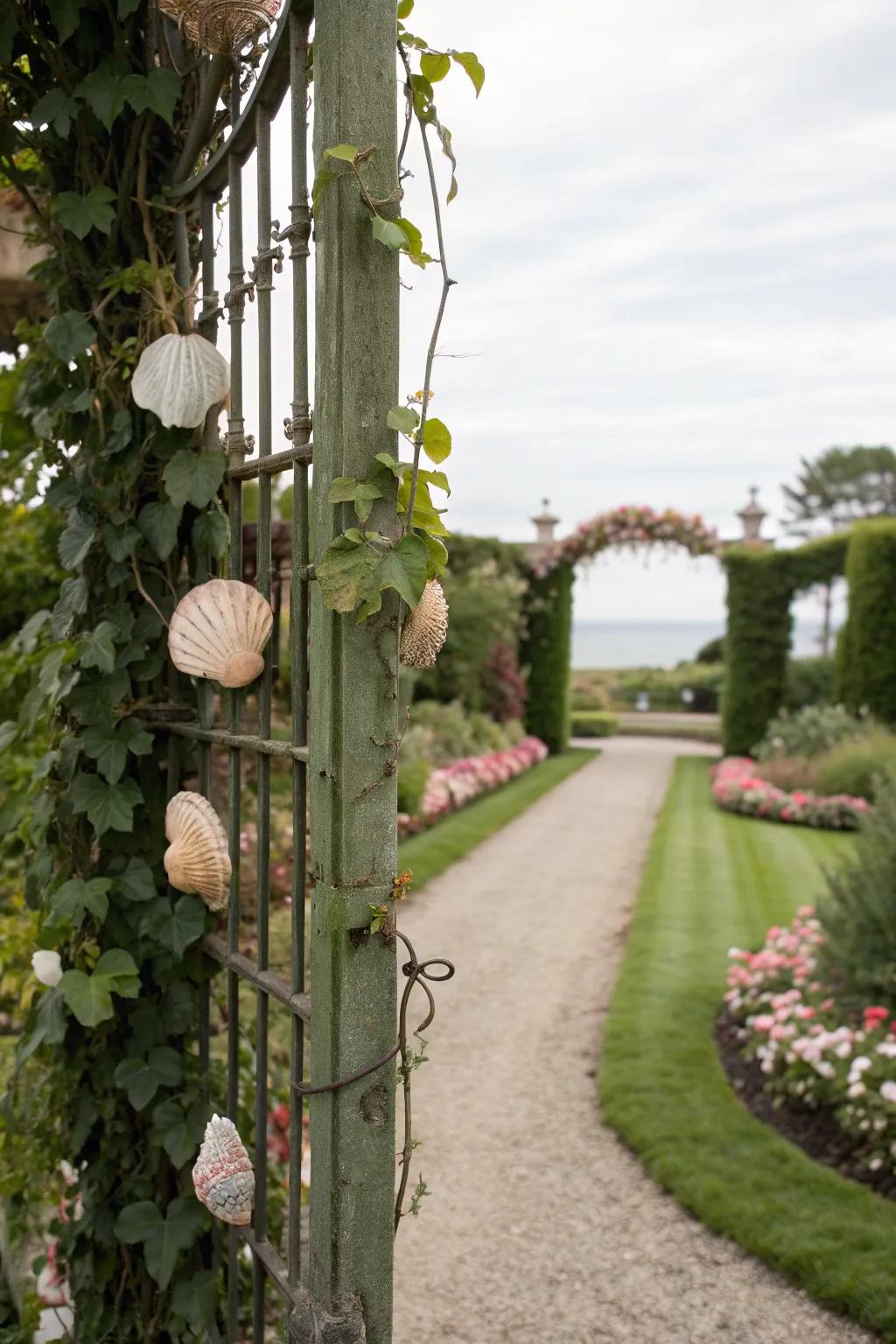 Create visual interest with a shell-adorned garden trellis.
