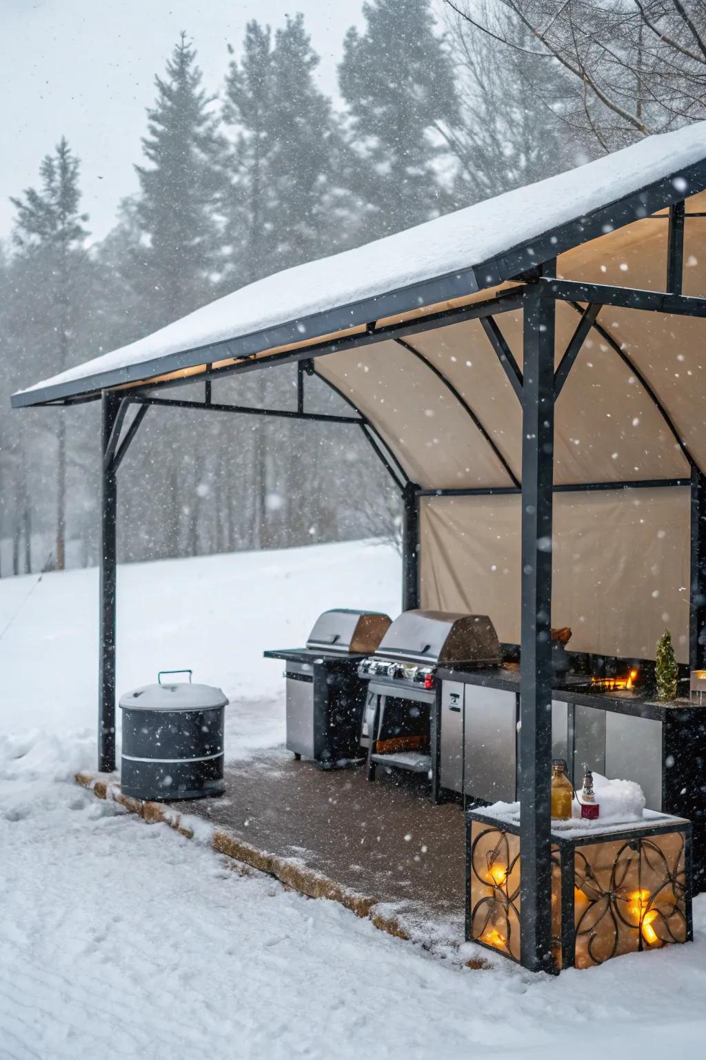 A winter-ready shelter keeps BBQ gatherings cozy year-round.