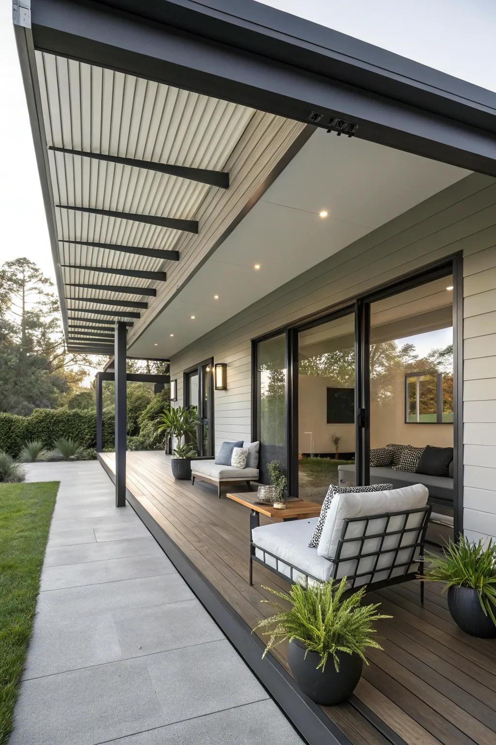 A floating roof design adds a modern, airy feel.