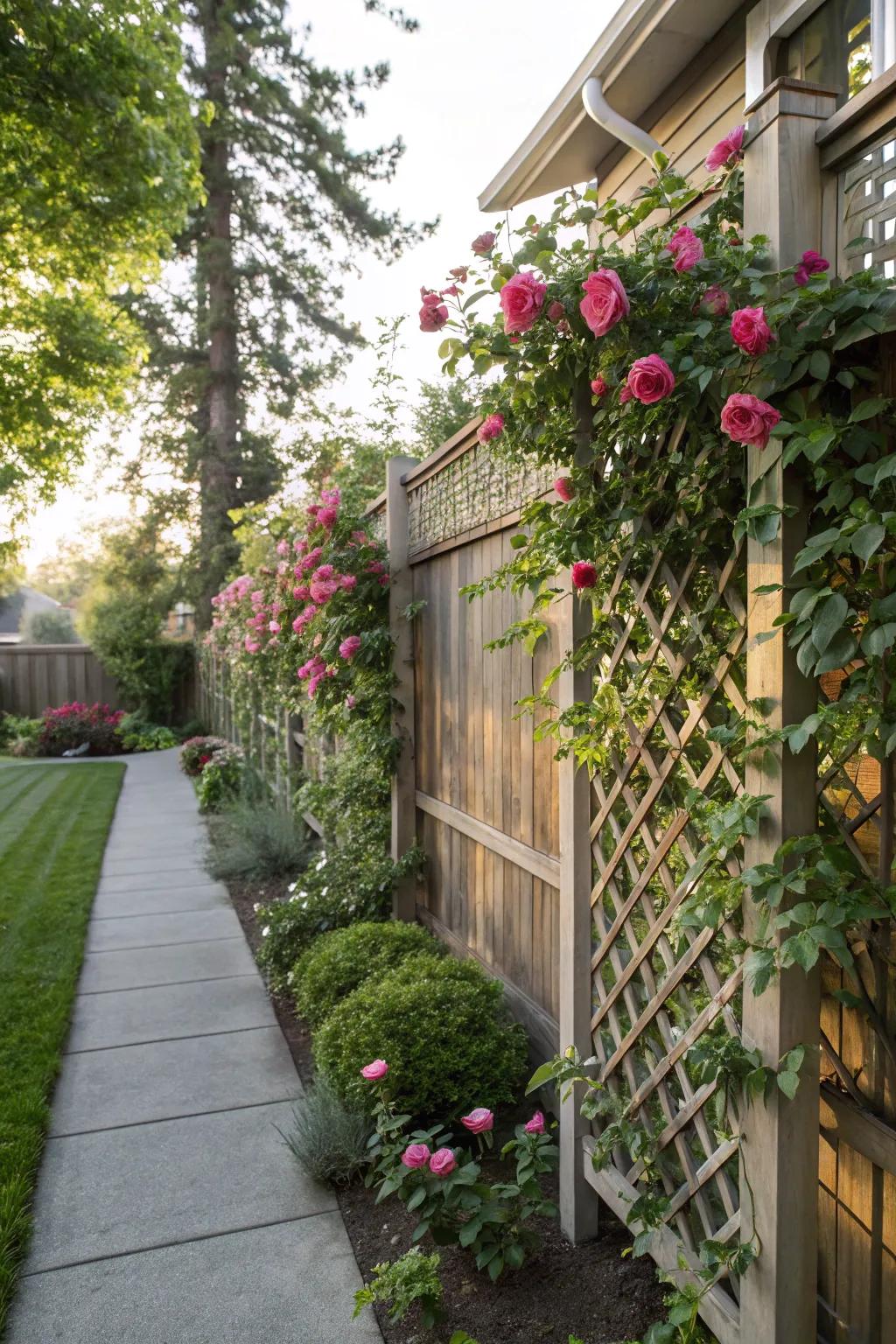 Trellis privacy screens with climbing plants offer seclusion and beauty.