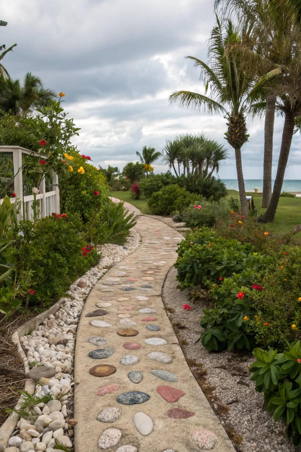 Shellstone paths provide a serene, coastal atmosphere.