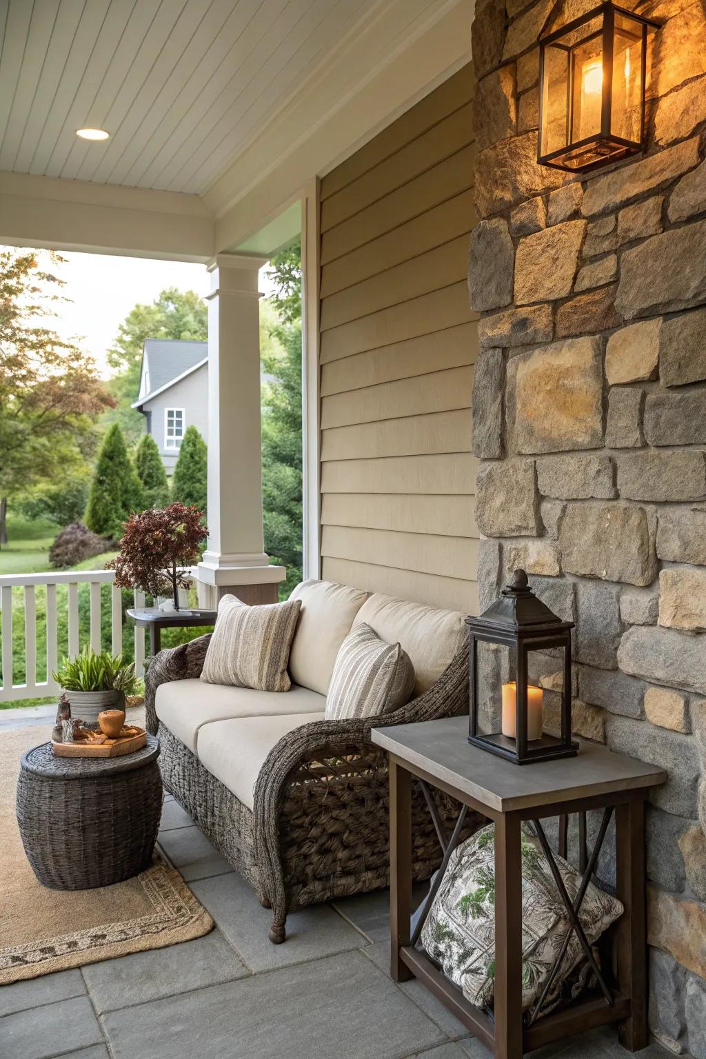 Stone accents create a natural focal point in this cozy porch.