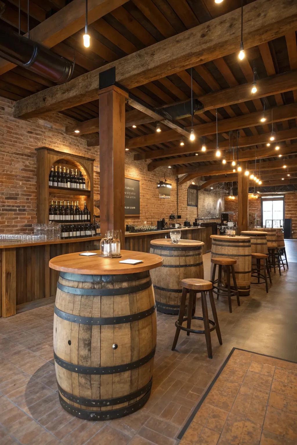 Wine barrel tables adding rustic charm to a silo bar.
