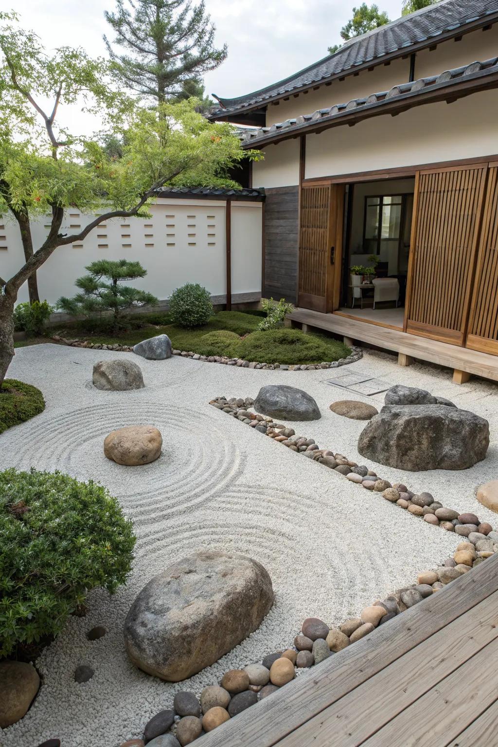 Zen rock gardens offer peace and simplicity.