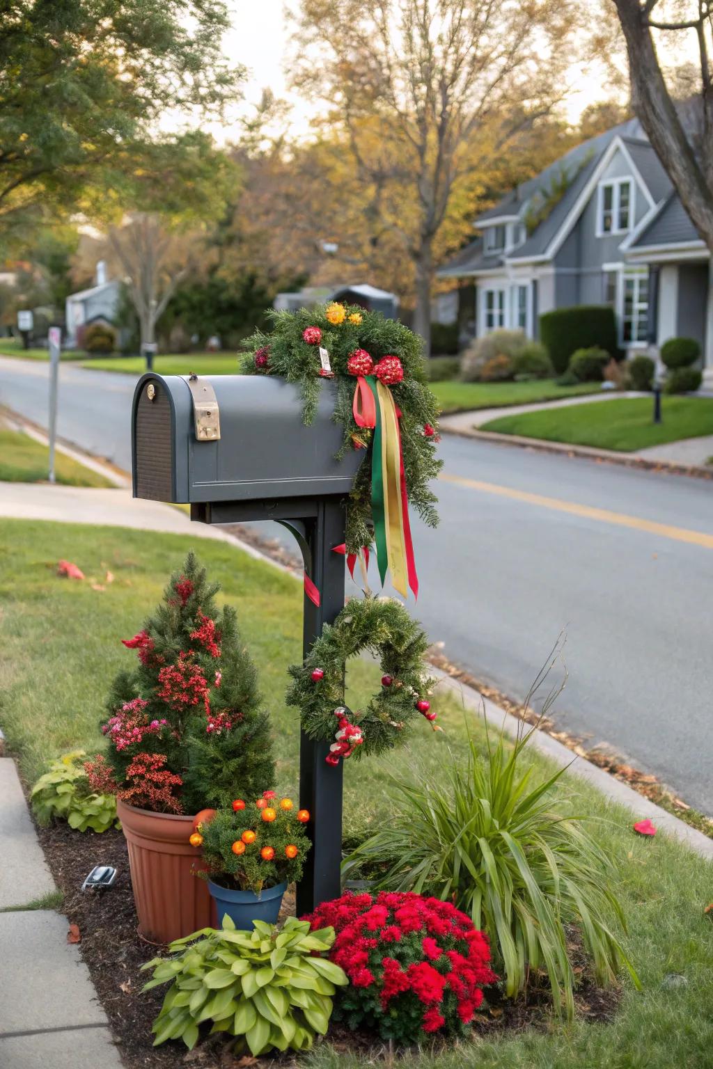 A mailbox landscape showcasing seasonal decorations and plants.